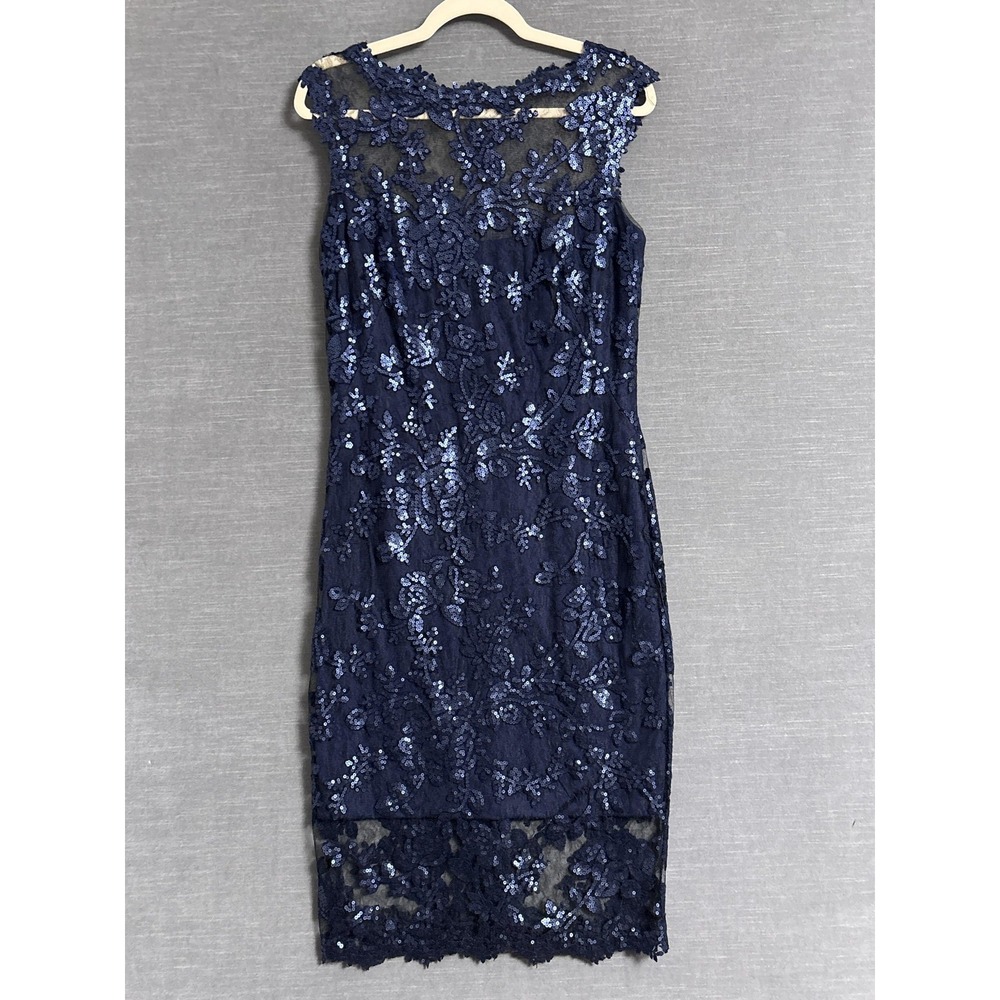 Tadashi Shoji Dress 10 Navy Blue Sequin Illusion‎ Sheath Cocktail Formal Evening